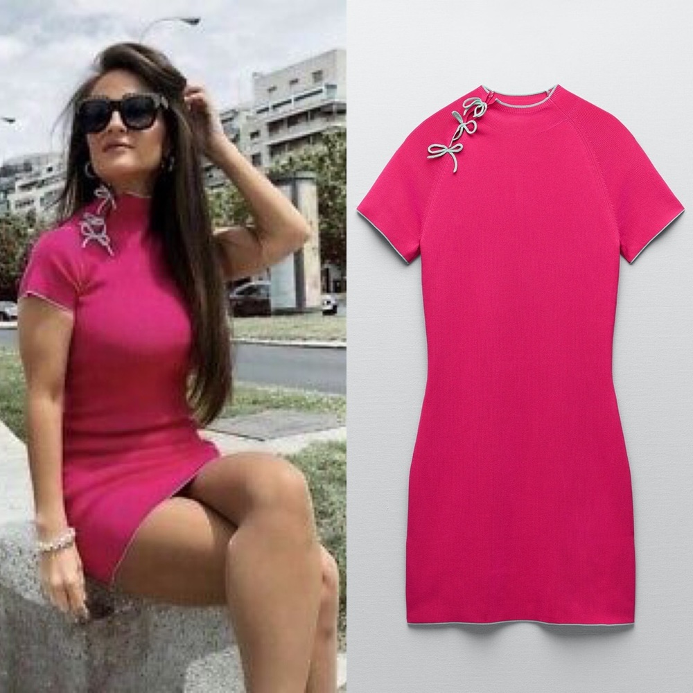 Zara KNIT BANDAGE BODYCON MINI DRESS W/ BOWS NEW